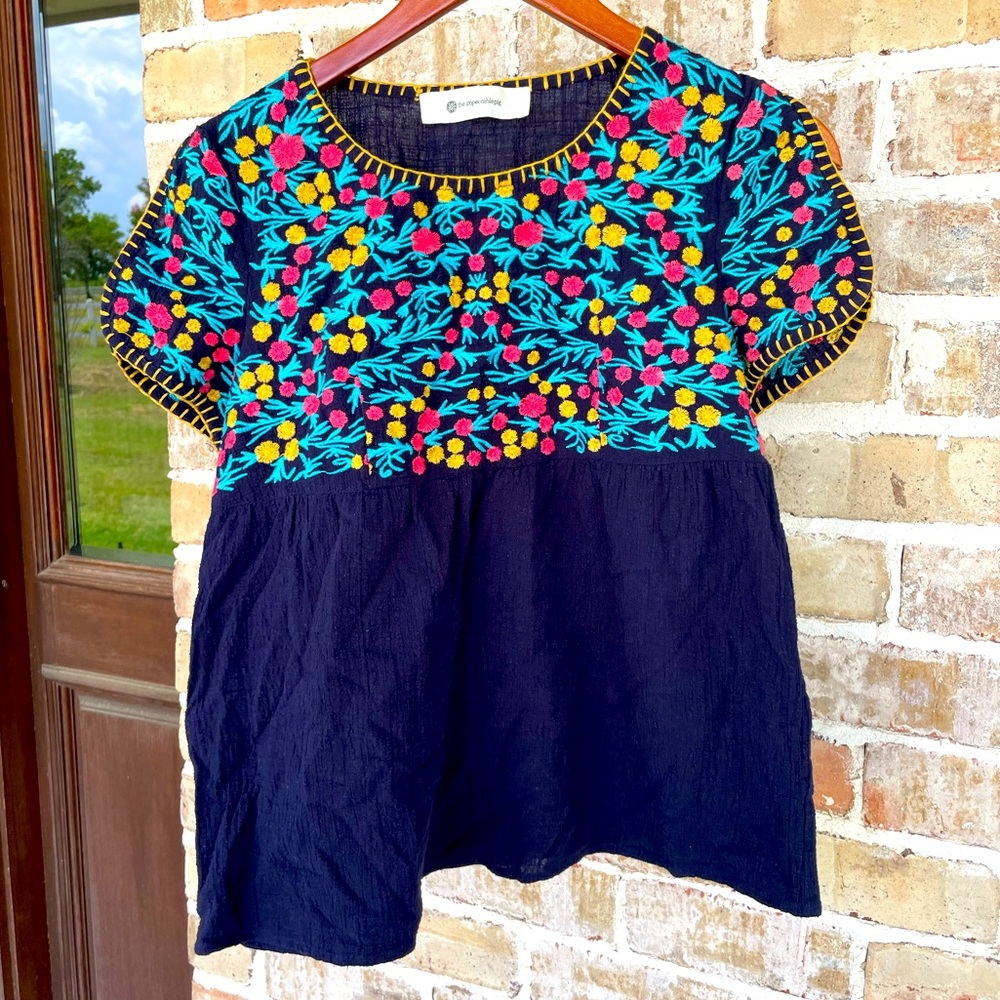 •The Impeccable Pig• Navy Flowy Off The Shoulder Shirt W/ Embroidery